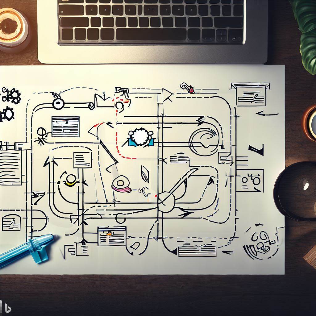 A visual representation of the entrepreneurial journey after creating a business plan. The image showcases a roadmap from plan creation to successful business growth. Starting with a desk and laptop symbolizing plan creation, the roadmap features stops for refining the plan, building a foundation, executing a go-to-market strategy, and fostering sustainable growth. Icons and visuals depict validation, team formation, funding, partnerships, marketing, innovation, and balanced growth. The circular arrow highlights the ongoing nature of entrepreneurship.