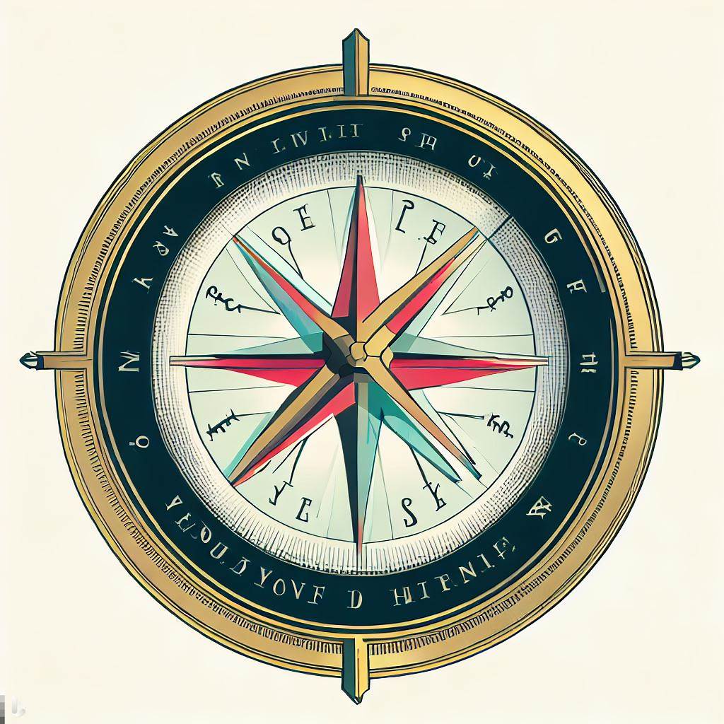 An illustration of a moral compass with labeled cardinal points representing key themes from the article 'Exploring the Moral Complexities in "Tom Jones" by Henry Fielding.' Themes include virtue, vice, self-discovery, and societal influence, visually representing the moral aspects explored in the novel.