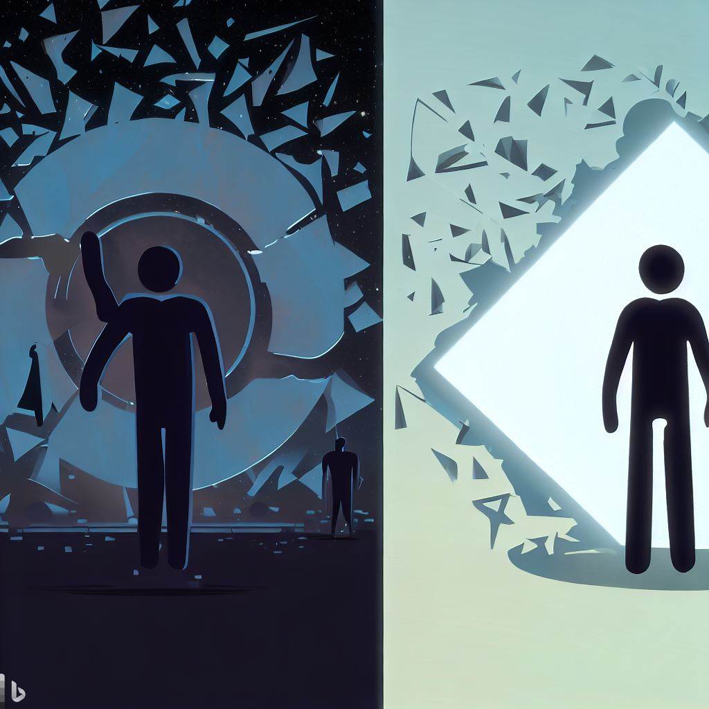 Illustration depicting a contrast between nihilism and existentialism in modern philosophy. On the left, a void symbolizes nihilism with shattered traditional symbols. On the right, a figure stands confidently representing existentialism's focus on individuality and meaning.