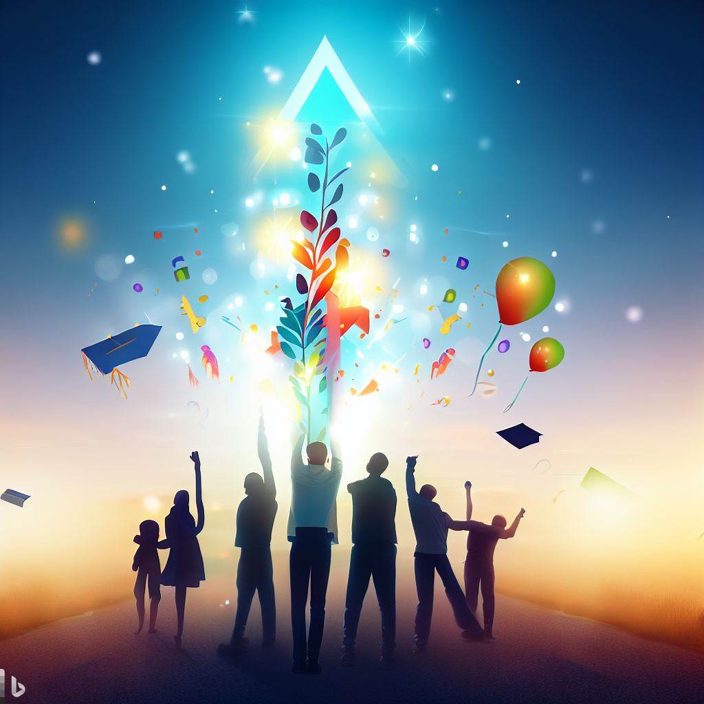 Illustration depicting some people celebrating with balloons, symbolizing the transformative journey of continuous learning for personal and professional growth.