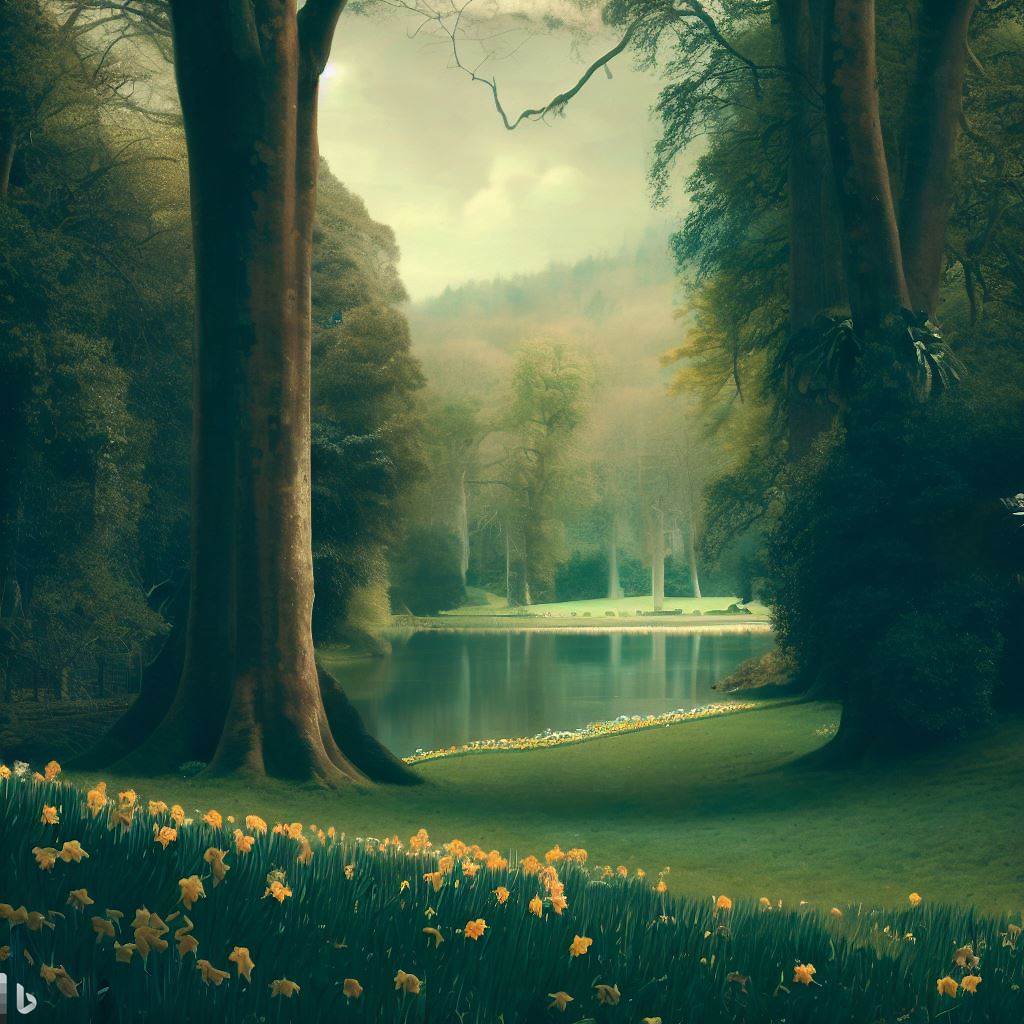 A tranquil natural landscape with a lake, lush trees, and vibrant daffodils, representing the beauty of nature and Wordsworth's poetry.