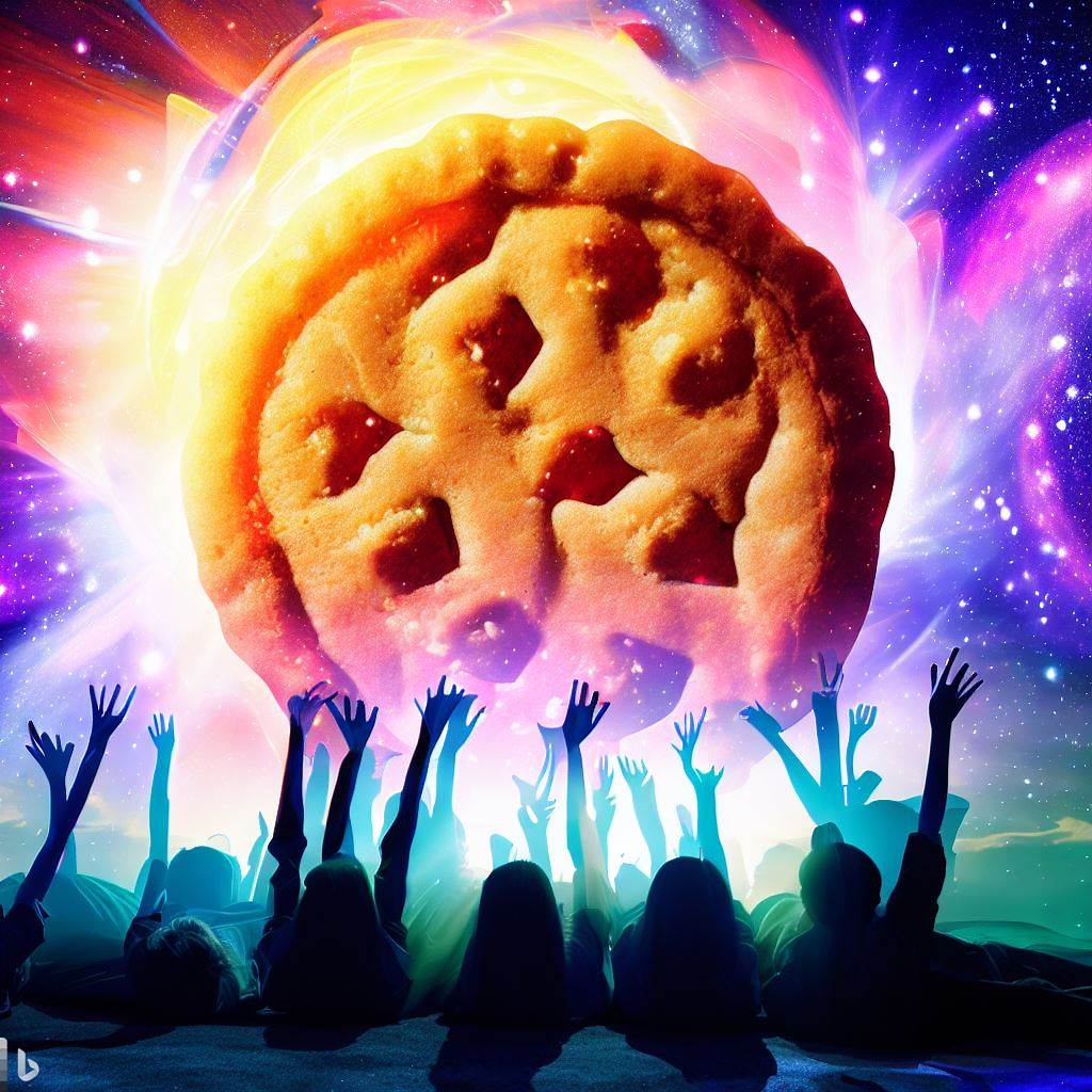 A night sky filled with stars, a giant warm cookie at the center, and happy silhouettes in pajamas reaching out to grab their Insomnia Cookies. The image captures the joy of late-night indulgence and the magic of choice.