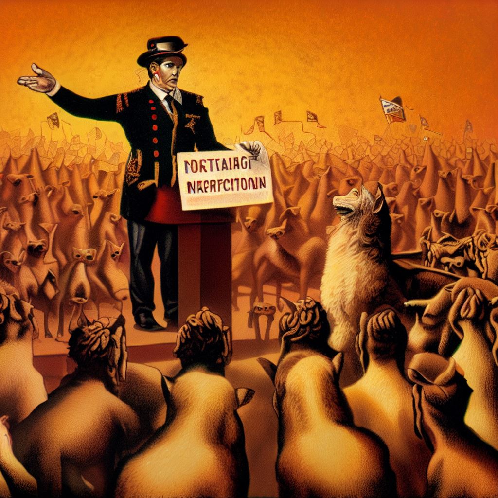 Imaginary napoleon delivering a persuasive speech to a crowd of attentive animals, surrounded by propaganda posters.