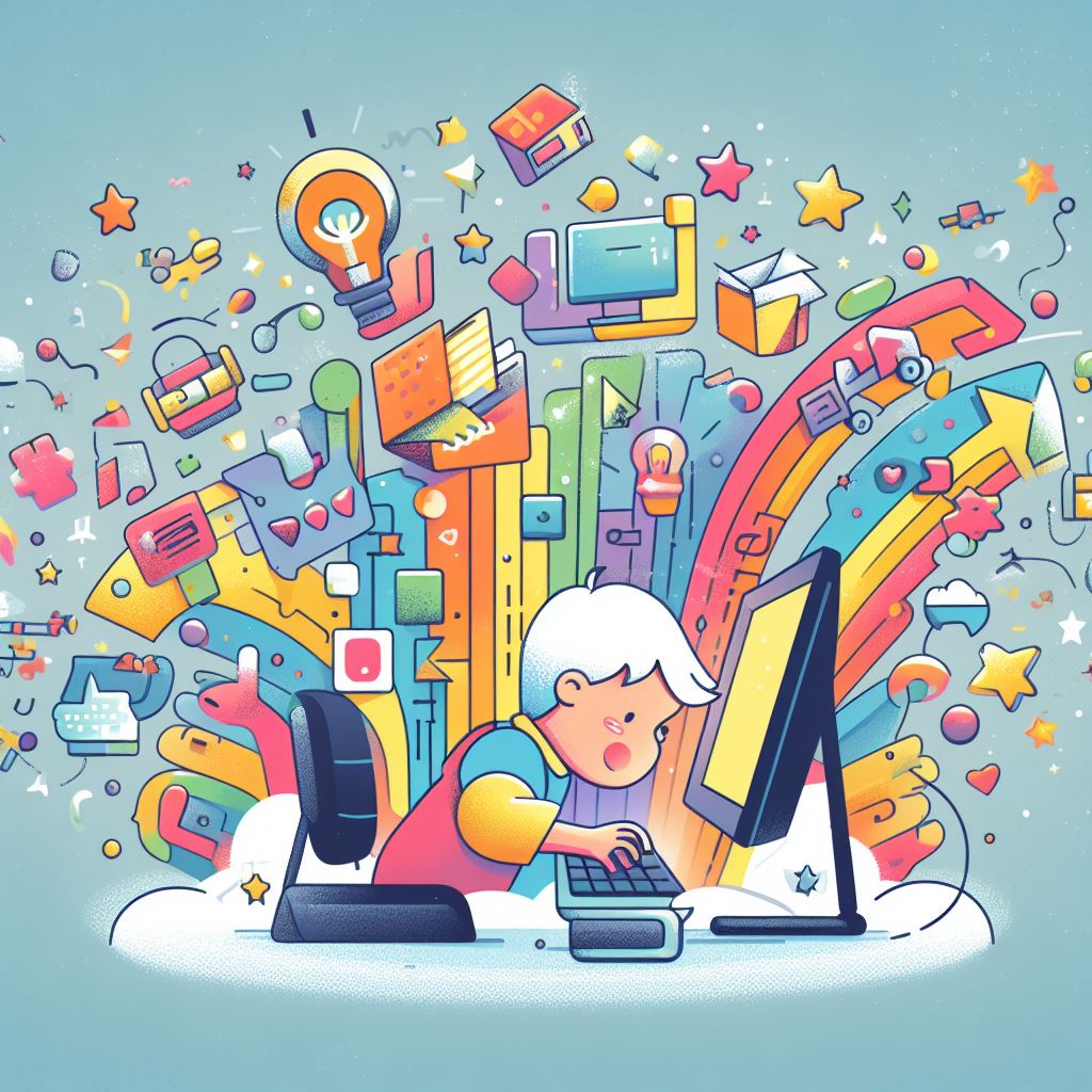 Whimsical depiction of a child at a computer, surrounded by vibrant colors and playful icons. A digital adventure symbolized by books, stars, and puzzles, capturing the innocence and curiosity of a three-year-old exploring the world of technology.