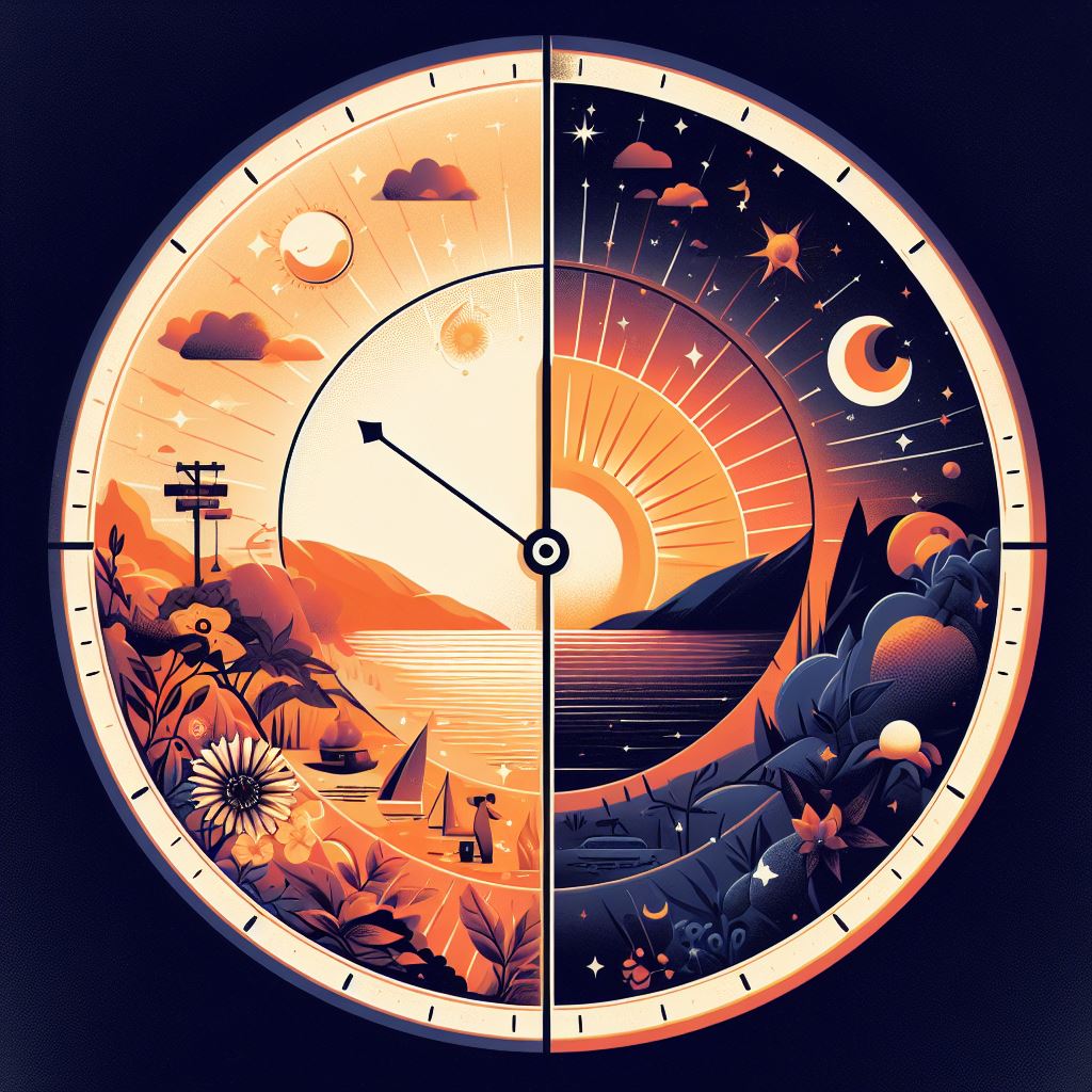 Creative clock design representing Daylight Saving Time transition, with vibrant sunset on one half symbolising benefits like outdoor activities, reduced crime rates, and energy conservation. Serene sunrise on the other half signifies the transition to standard time. Subtle sleep-related elements like crescent moon and stars highlight the impact on sleep patterns. Contrasting colors depict the positive and negative aspects of DST. Next clock change scheduled for March 10, 2024.