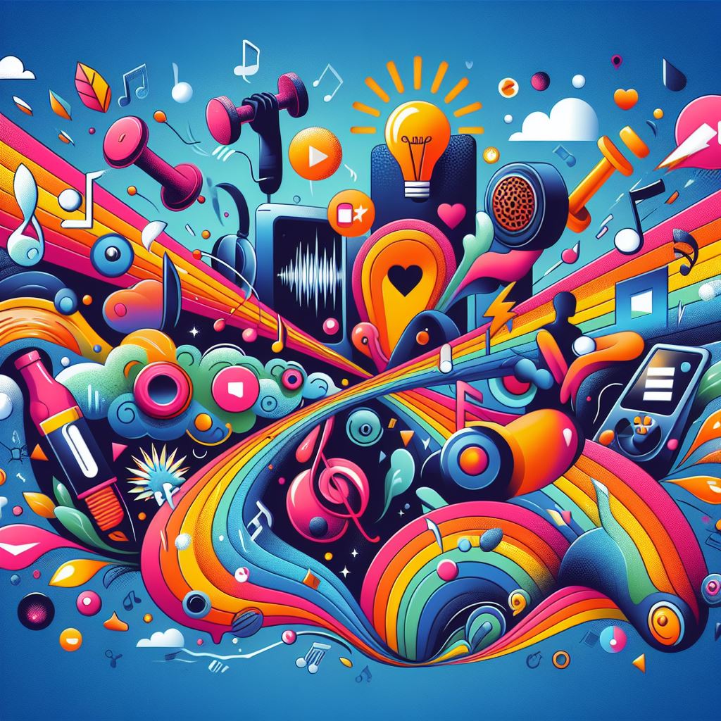 Vibrant image showcasing the dynamic impact of speakers on life. Musical notes, workout scenes, podcast and learning icons surround central speakers emitting waves of immersive sound.