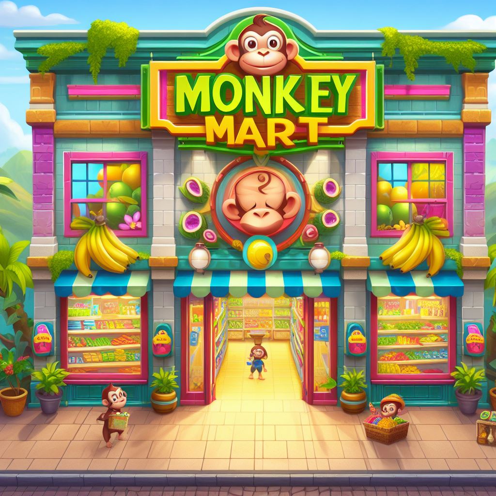 Monkey Mart: Whimsical storefront with cute monkeys in business attire managing a vibrant supermarket filled with bananas and playful activity.