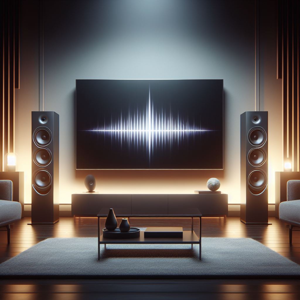 Image of a modern living room setup with tower speakers flanking a large TV. Soft ambient lighting enhances the atmosphere, while an audio waveform graphic symbolizes immersive sound.