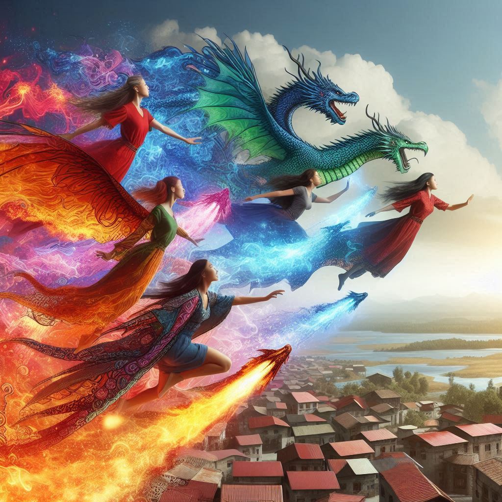 An illustration of women transforming into powerful dragons. The scene depicts their fierce, determined expressions as they sprout wings, scales, and talons. Fire and destruction symbolize their rage and the avenging of their oppression. The background shows a dramatic, stormy sky, enhancing the intensity and empowerment of the moment.