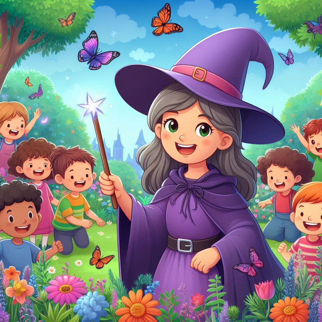 Illustration of a kind witch surrounded by happy children, casting a spell of light and joy.