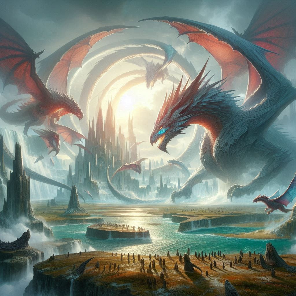 Landscape of a new dragon region with dragons flying over mountains and forests, depicting a mystical world beyond Alagaësia.