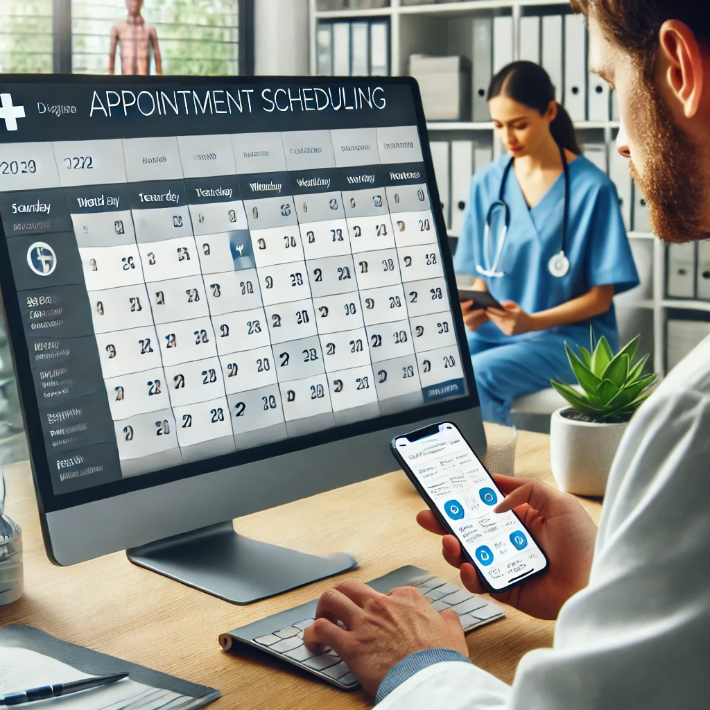 Healthcare professional using a digital appointment scheduling system on a computer screen in a modern medical office, while a patient checks their phone in the waiting area.