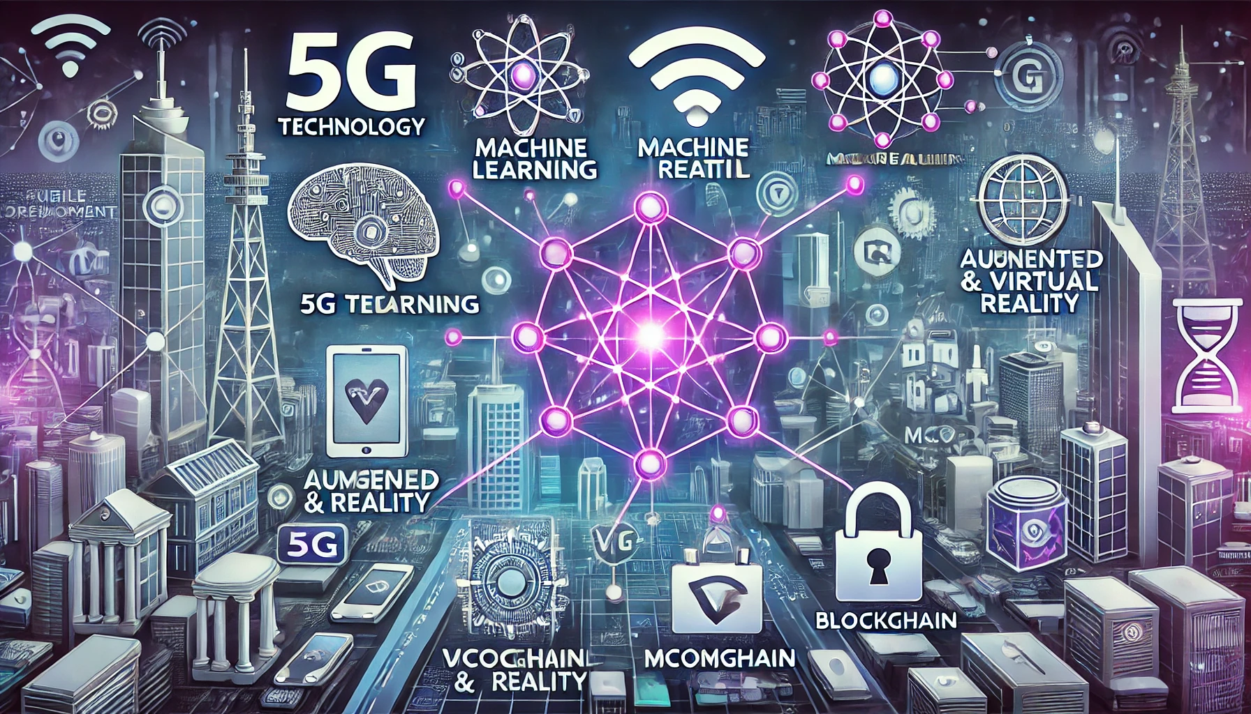 Illustration of future trends in app development featuring icons for 5G technology, machine learning, augmented and virtual reality, mCommerce, and blockchain in a futuristic city setting.