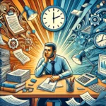 Worker sitting tired at a desk surrounded by repetitive tasks with a dynamic transformation in the background symbolizing motivation and growth.