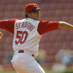 Former MLB pitcher Daniel Serafini mid-pitch during his career before his murder conviction.