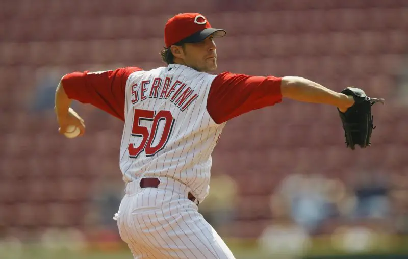 Former MLB pitcher Daniel Serafini mid-pitch during his career before his murder conviction.