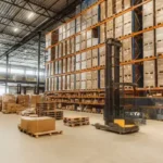 Warehouse with stacked boxes and forklift showcasing large-scale custom packaging solutions in the US