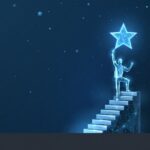 A glowing figure climbs abstract stairs toward a bright star in a dark, starry sky, symbolizing personal growth.