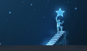 A glowing figure climbs abstract stairs toward a bright star in a dark, starry sky, symbolizing personal growth.