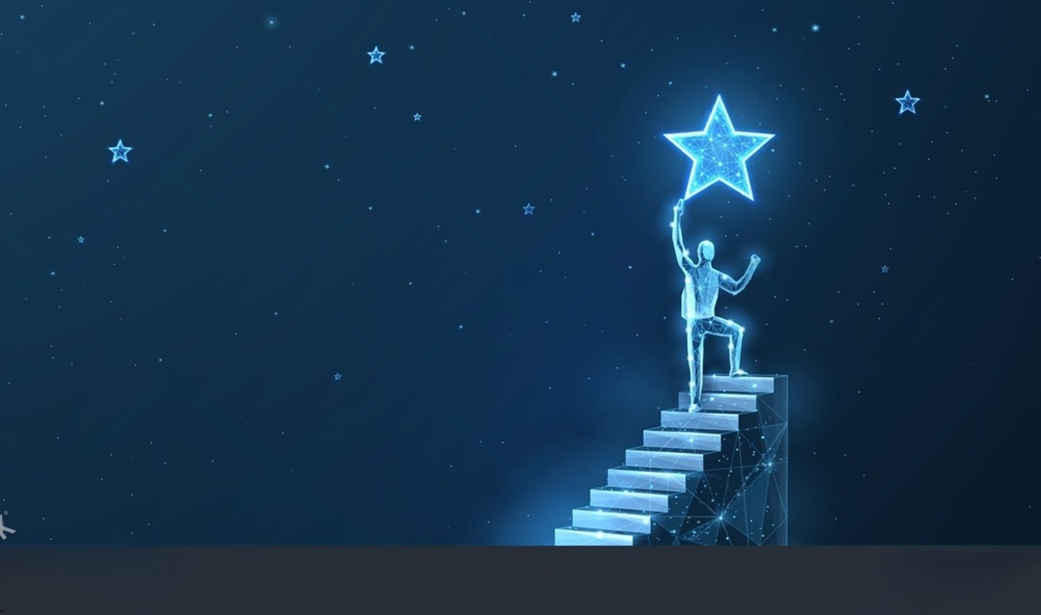 A glowing figure climbs abstract stairs toward a bright star in a dark, starry sky, symbolizing personal growth.