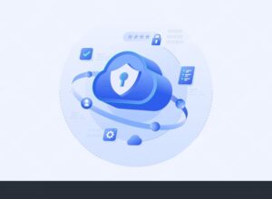 Cloud security shield protecting healthcare data with digital lock and binary code, representing healthcare technology.