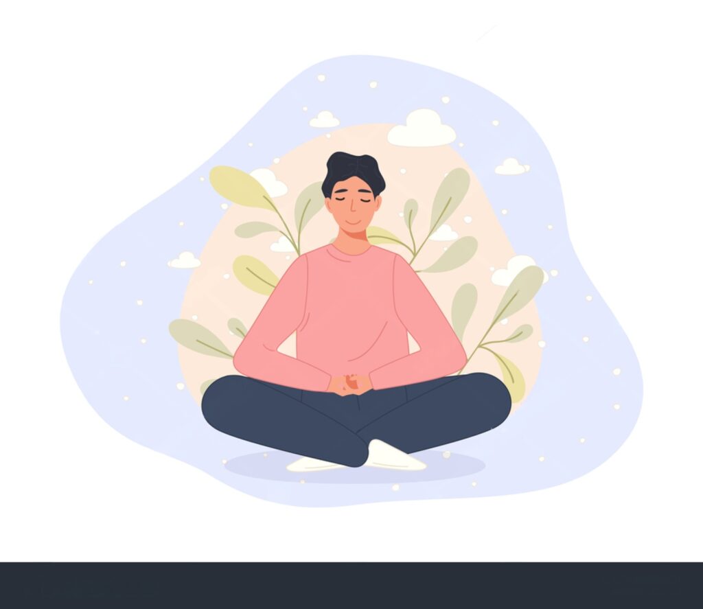 A person takes a moment for a mindful break, with their eyes closed in a moment of calm and introspection, surrounded by a subtle, blurred motion that represents life's chaos.