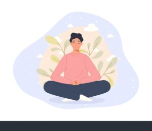 A person takes a moment for a mindful break, with their eyes closed in a moment of calm and introspection, surrounded by a subtle, blurred motion that represents life's chaos.