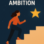 Illustration of a woman climbing stairs toward a glowing star symbolizing sustainable ambition and personal growth