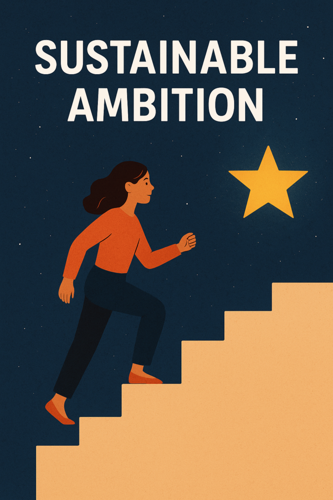 Illustration of a woman climbing stairs toward a glowing star symbolizing sustainable ambition and personal growth